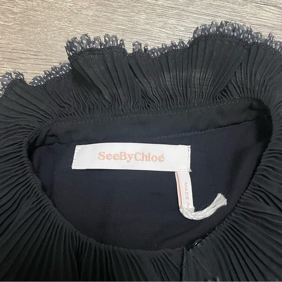 See by Chloe Polka Dot Ruffle Plissé Georgette Shift Dress Black Sz EU 34 US 0-2 - Picture 8 of 12